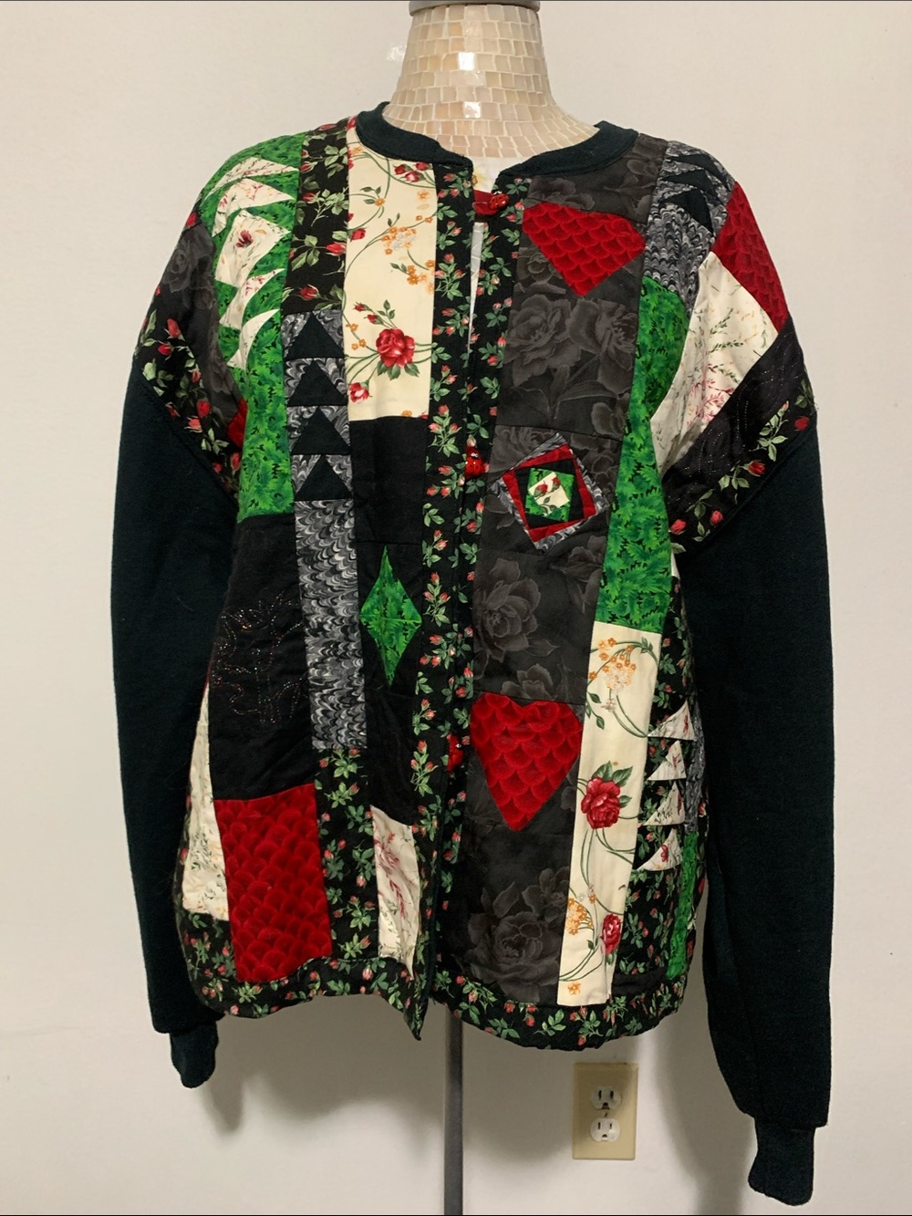 Handmade Patchwork Quilted Cardigan Jacket in Black, Red & Green